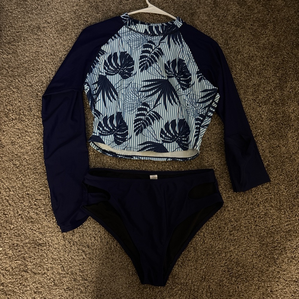 Tropical Leaf Long Sleeve Tankini Set - Blue